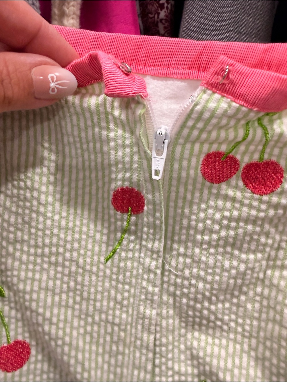 Lilly Pulitzer Pink Cherry Seersucker Mini Skirt on Light Green - Picture 4 of 5